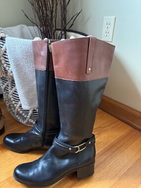 Bandolino Black and Brown Two-Tone Leather Riding Boots